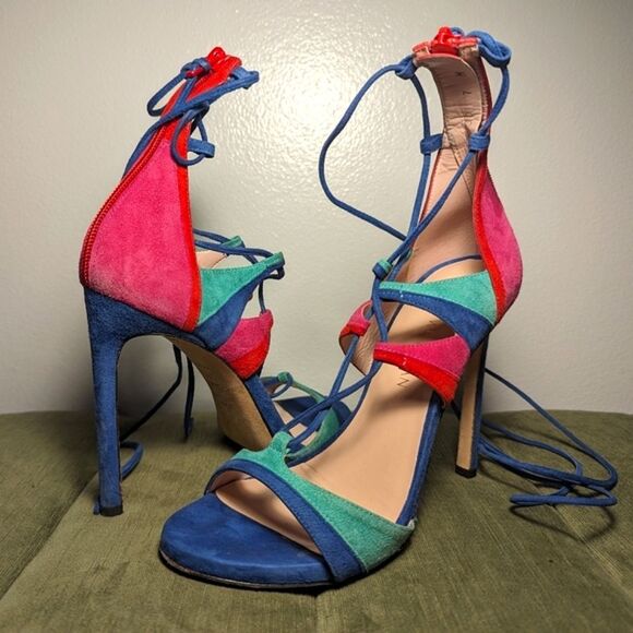 Stuart Weitzman Legwrap Song Colorblock Suede Heels sandals - Picture 2 of 14